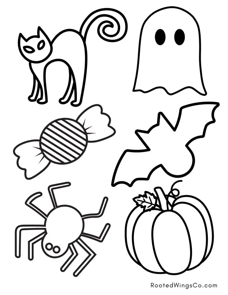 Free Halloween Coloring Pages featuring a cat, ghost, candy, bat, spider and pumpkin. Use these Halloween printables to keep kids entertained as they celebrate Halloween!
